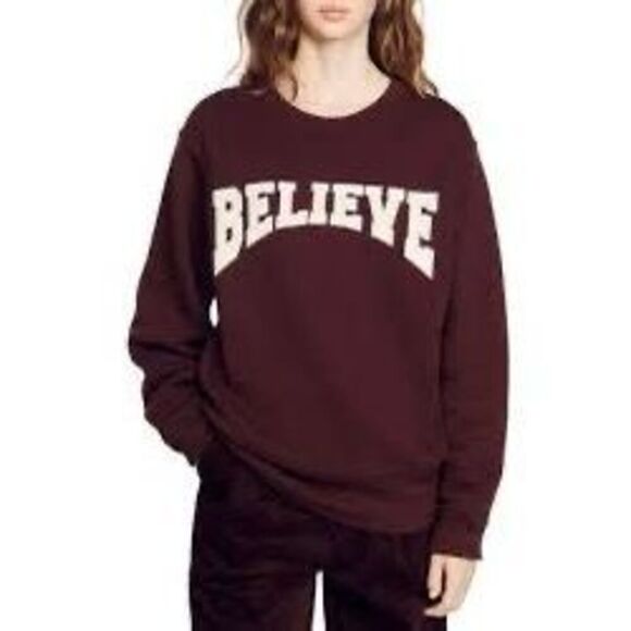 Sandro Brown Crewneck Fleece Believe Andy Pullover Sweatshirt Size 1 NWT - Picture 1 of 9